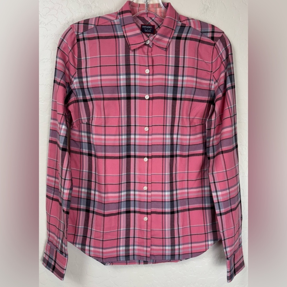 UNTUCKit Womens Pink Plaid‎ Cotton Button Down Shirt Size 0 XS Long Sleeve 1031